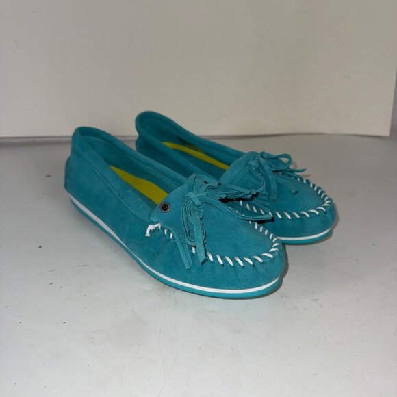 Minnetonka Turquoise Suede Moccasins Kitty Plus Womens Size 10 Fringe Whipstitch - Picture 14 of 16